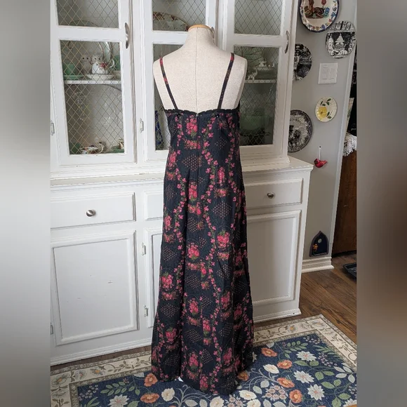 Vintage 1970s Black Lace Maxi Slip Dress with Pink Floral Print - Picture 3 of 12